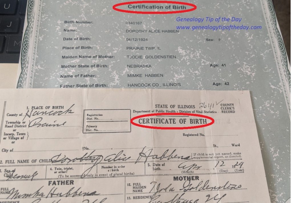 Certification Of Birth Vs Birth Certificate Genealogy Tip Of The Day